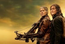 Zombies Across the Pond in The Walking Dead Daryl Dixon Seasons 1-3 Two people in leather jackets, one holding a crossbow, against a golden sunset sky